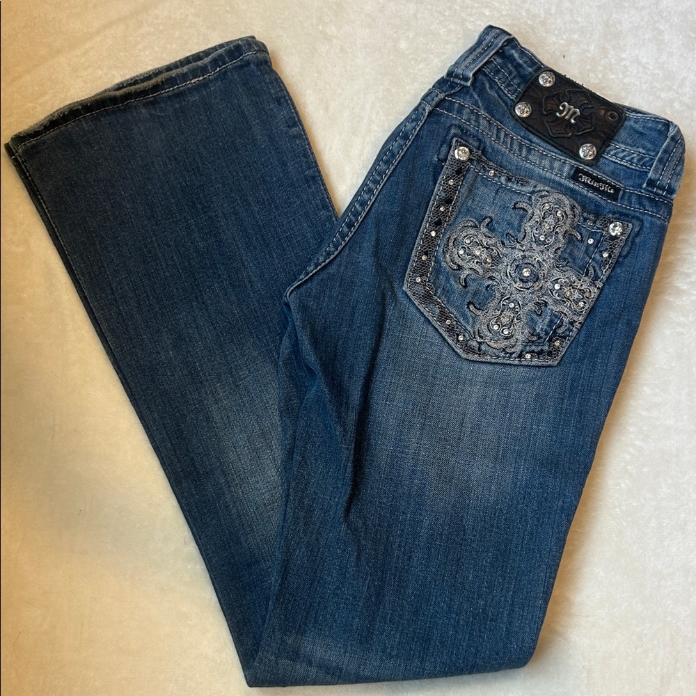 Miss Me Dark Blue Boot Cut Jeans with Silver Embellishments